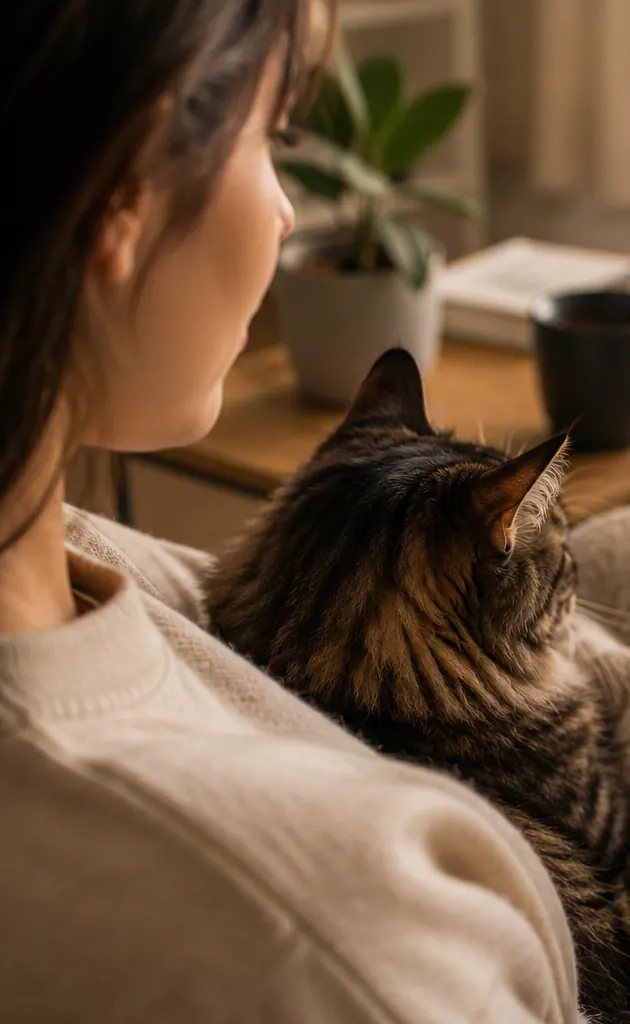 Seen over a woman’s shoulder: a long-haired tabby cat rests against her chest in a sunlit room.